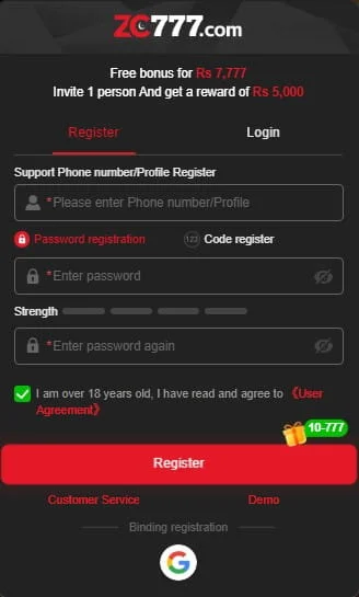 How to Register on 777ZC game screenshot