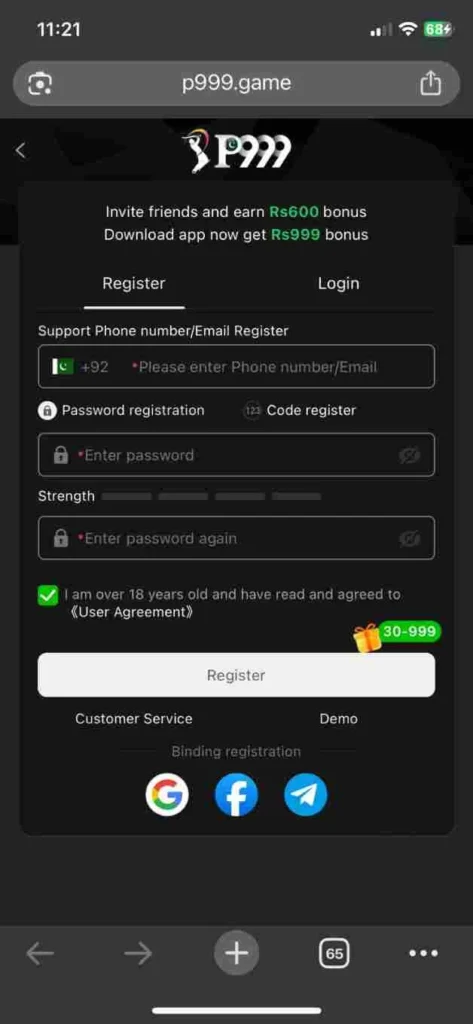 Register Account on P999 Game